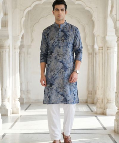 Neel Pushp, Azure Bloom Modern Blue Floral Digital Print Soft Cotton Rayon Men’s Kurta