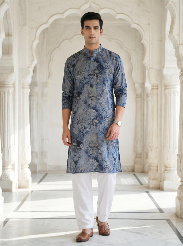 ANRDBL001A Neel Pushp, Azure Bloom Modern Blue Floral Digital Print Soft Cotton Rayon Men’s Kurta