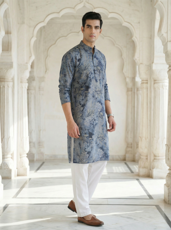 ANRDBL001B Neel Pushp, Azure Bloom Modern Blue Floral Digital Print Soft Cotton Rayon Men’s Kurta