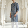 ANRDBL001C Neel Pushp, Azure Bloom Modern Blue Floral Digital Print Soft Cotton Rayon Men’s Kurta