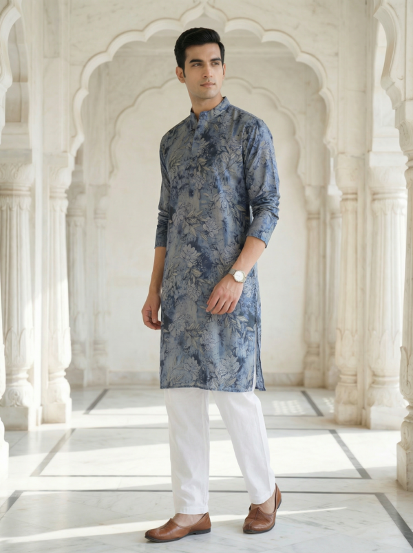 ANRDBL001C Neel Pushp, Azure Bloom Modern Blue Floral Digital Print Soft Cotton Rayon Men’s Kurta