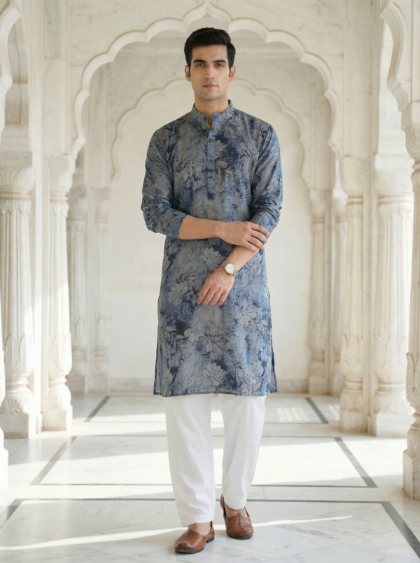 ANRDBL001E Neel Pushp, Azure Bloom Modern Blue Floral Digital Print Soft Cotton Rayon Men’s Kurta