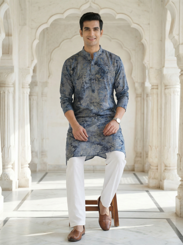 ANRDBL001F Neel Pushp, Azure Bloom Modern Blue Floral Digital Print Soft Cotton Rayon Men’s Kurta