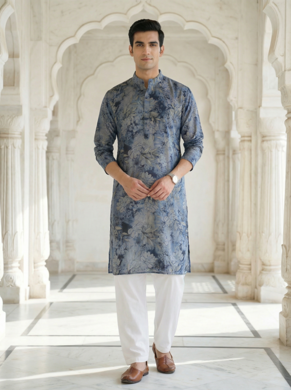 ANRDBL001G Neel Pushp, Azure Bloom Modern Blue Floral Digital Print Soft Cotton Rayon Men’s Kurta